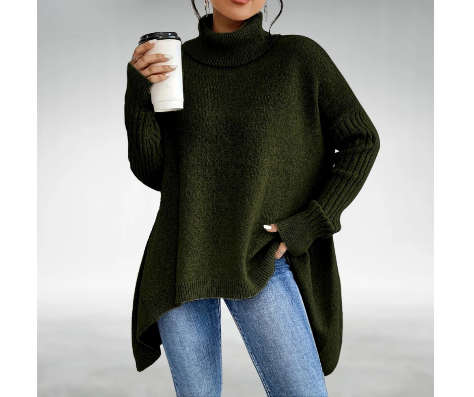 Jana | Pulover Oversized cu Guler Înalt și Tiv Asimetric