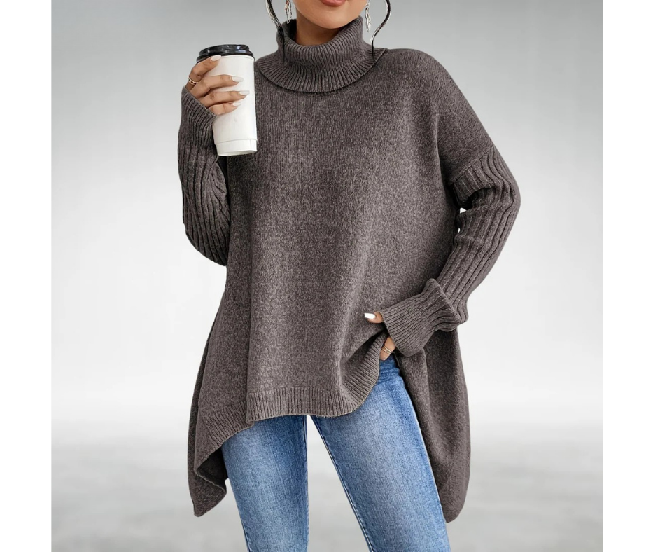 Jana | Pulover Oversized cu Guler Înalt și Tiv Asimetric