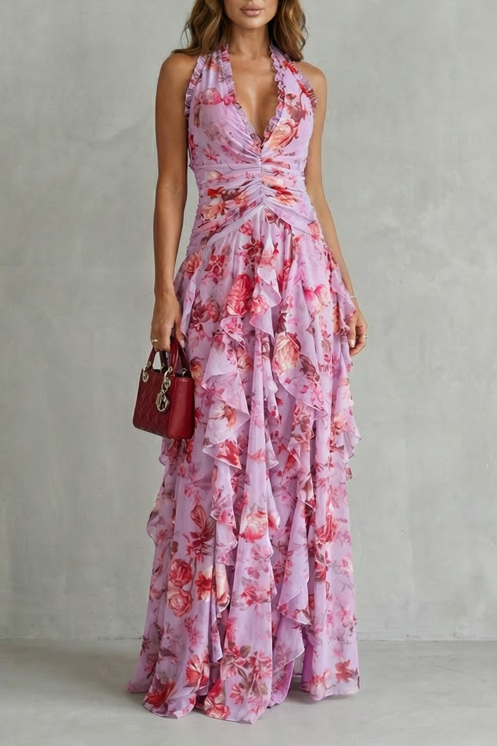 RENATA – Gėlėta halter maxi suknelė