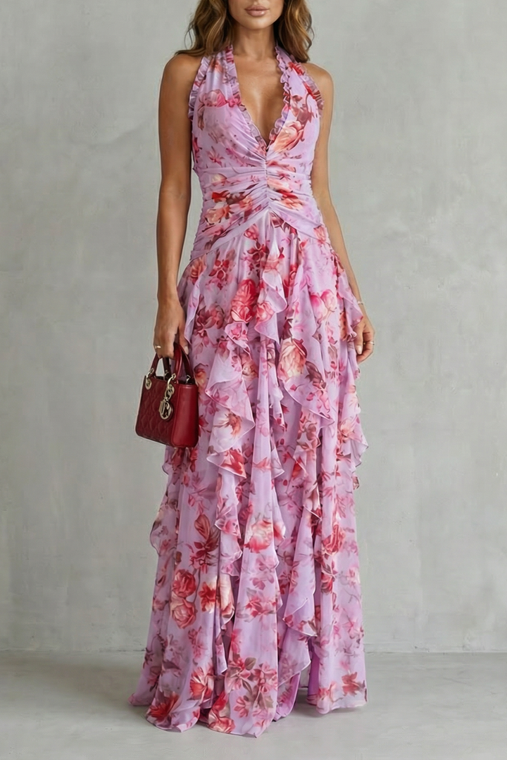 RENATA – Gėlėta halter maxi suknelė