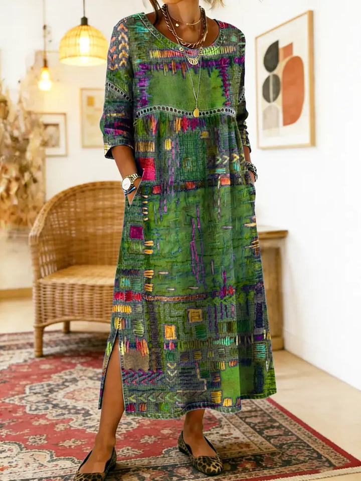 RENATA – Spalvinga džinsinė patchwork suknelė