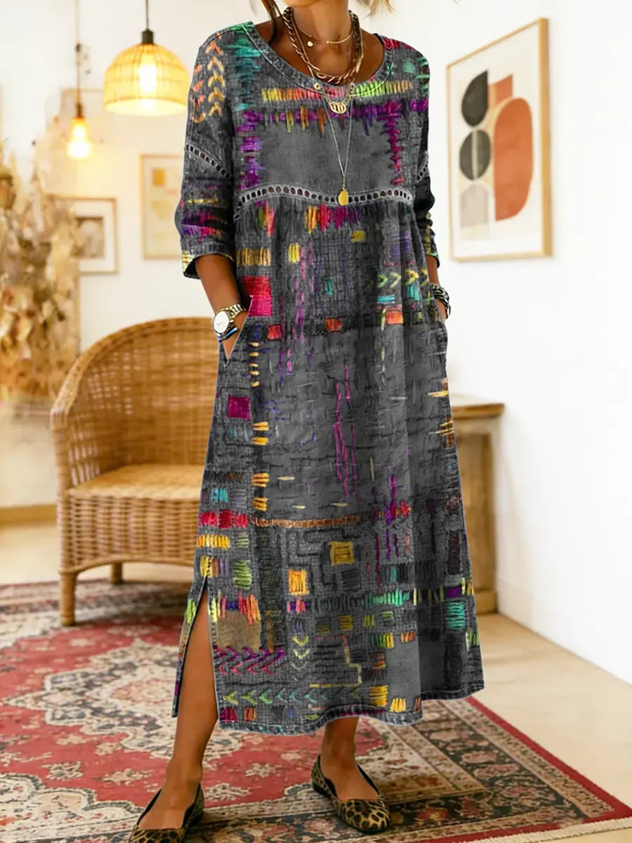RENATA – Spalvinga džinsinė patchwork suknelė