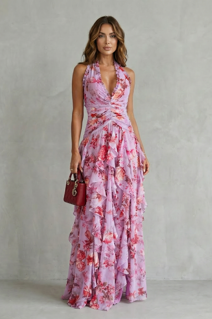 RENATA – Gėlėta halter maxi suknelė
