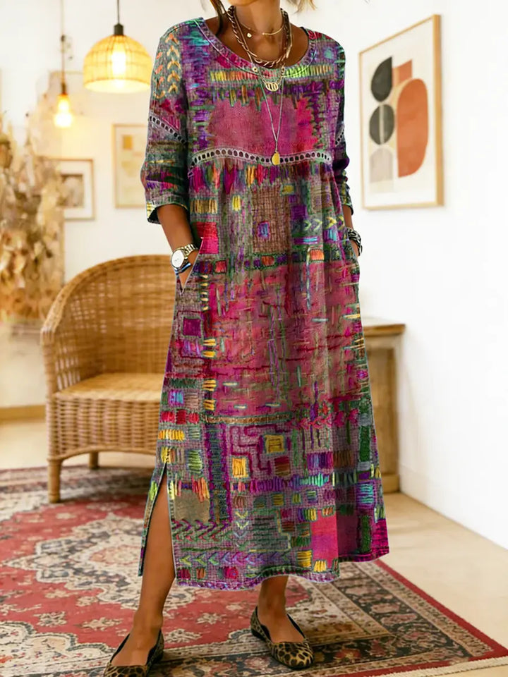 RENATA – Spalvinga džinsinė patchwork suknelė