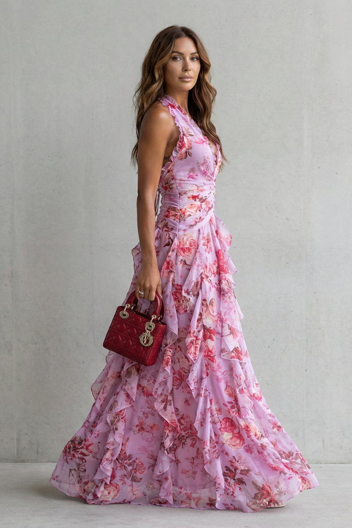 RENATA – Gėlėta halter maxi suknelė