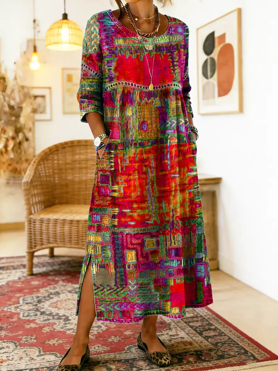 RENATA – Spalvinga džinsinė patchwork suknelė