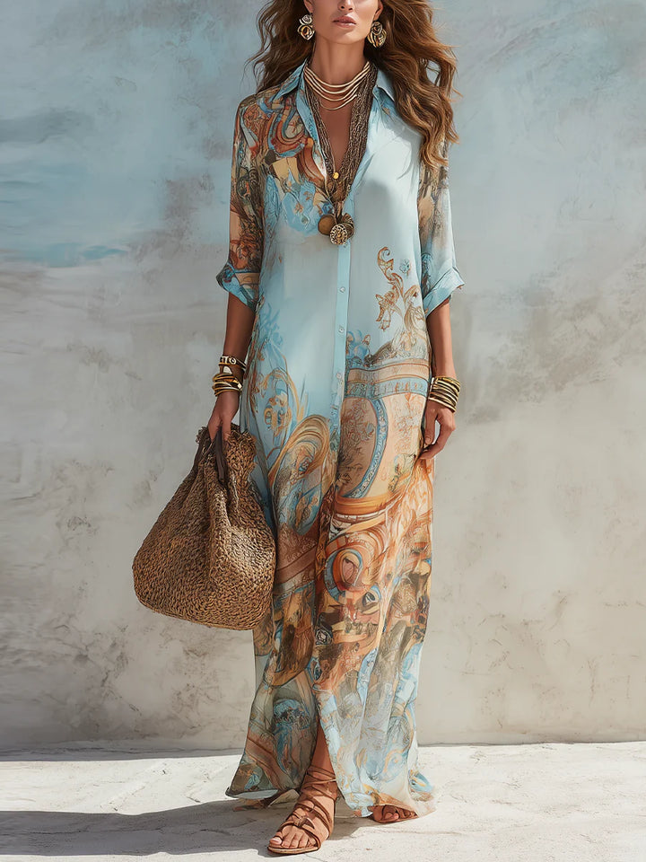Baroque | Rochie Maxi tip Cămașă cu Print Baroc