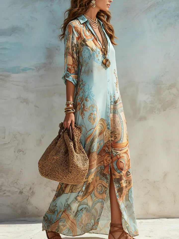 Baroque | Rochie Maxi tip Cămașă cu Print Baroc