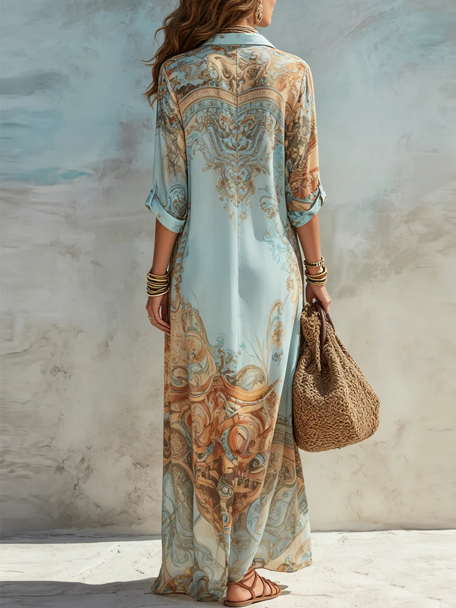 Baroque | Rochie Maxi tip Cămașă cu Print Baroc