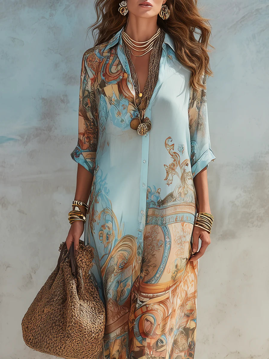 Baroque | Rochie Maxi tip Cămașă cu Print Baroc