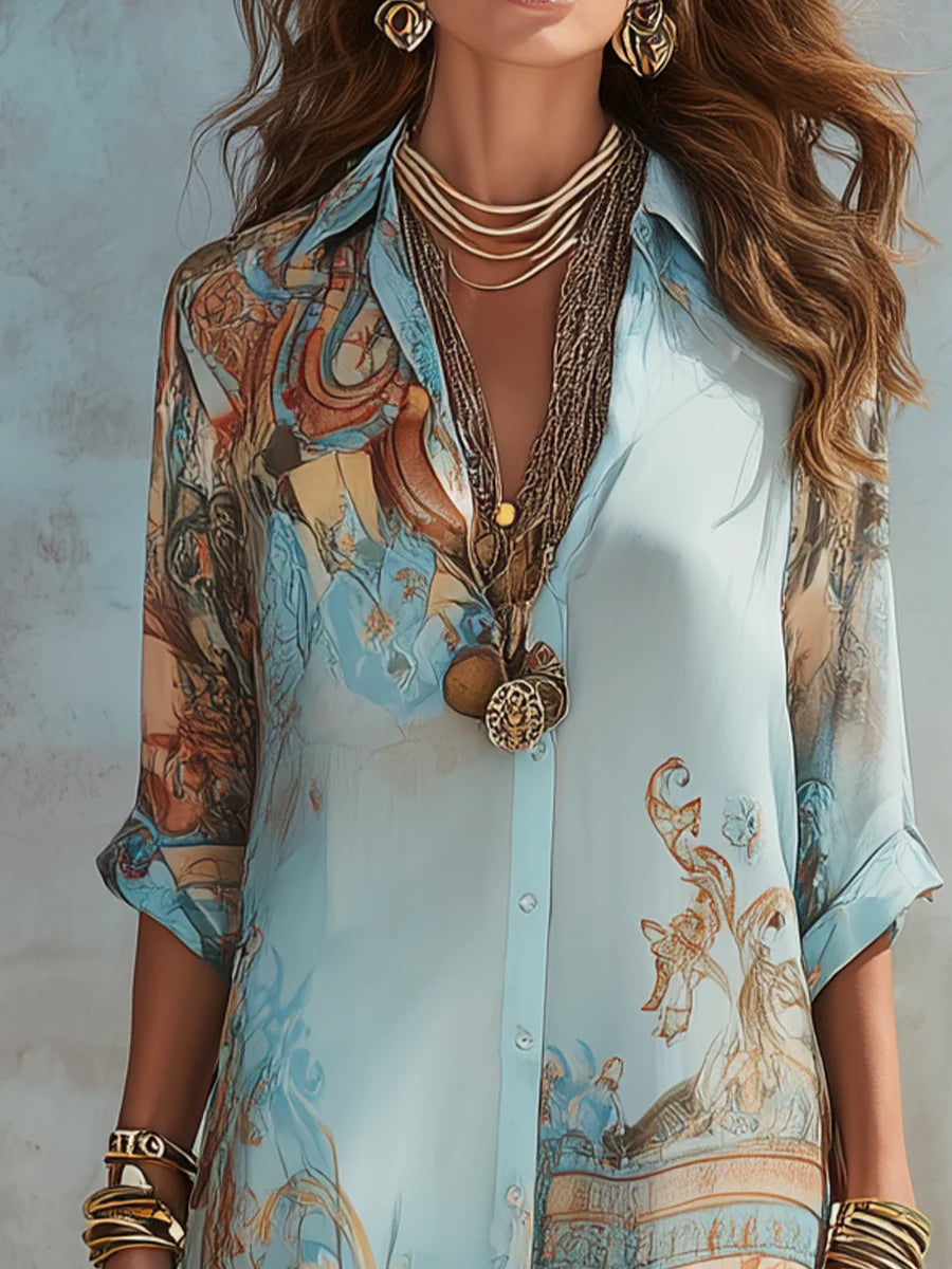 Baroque | Rochie Maxi tip Cămașă cu Print Baroc