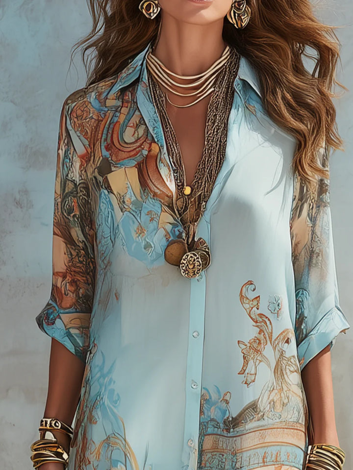 Baroque | Rochie Maxi tip Cămașă cu Print Baroc