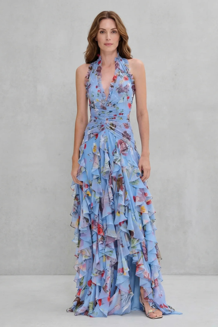 RENATA – Gėlėta halter maxi suknelė