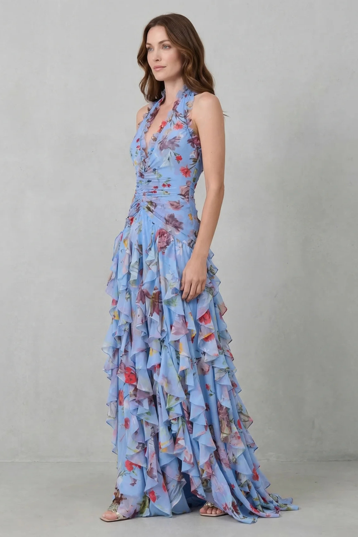 RENATA – Gėlėta halter maxi suknelė