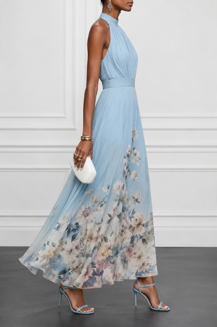 Kira | Rochie Maxi din Chiffon cu Gât Halter și Bordură Florală