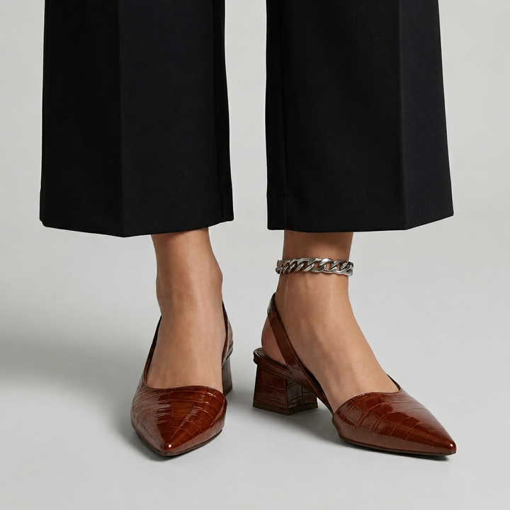 Lima | Pantofi Slingback cu Toc Bloc și Textură Croco