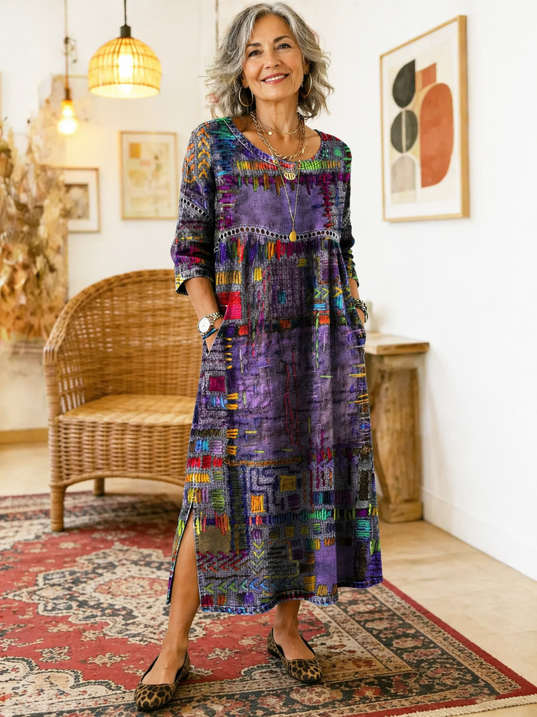 RENATA – Spalvinga džinsinė patchwork suknelė