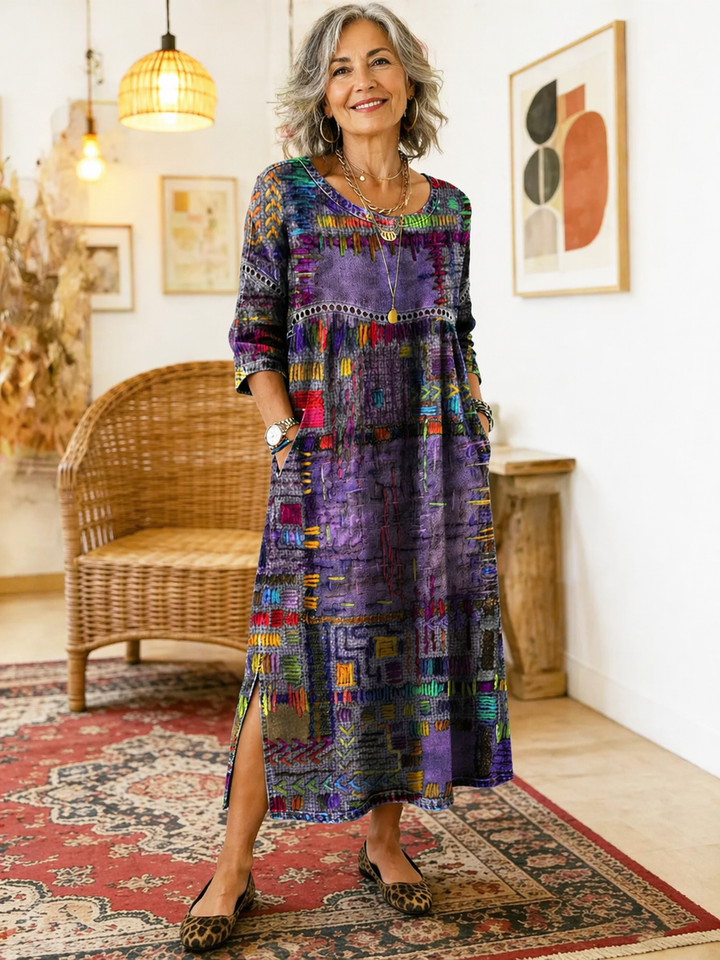 RENATA – Spalvinga džinsinė patchwork suknelė