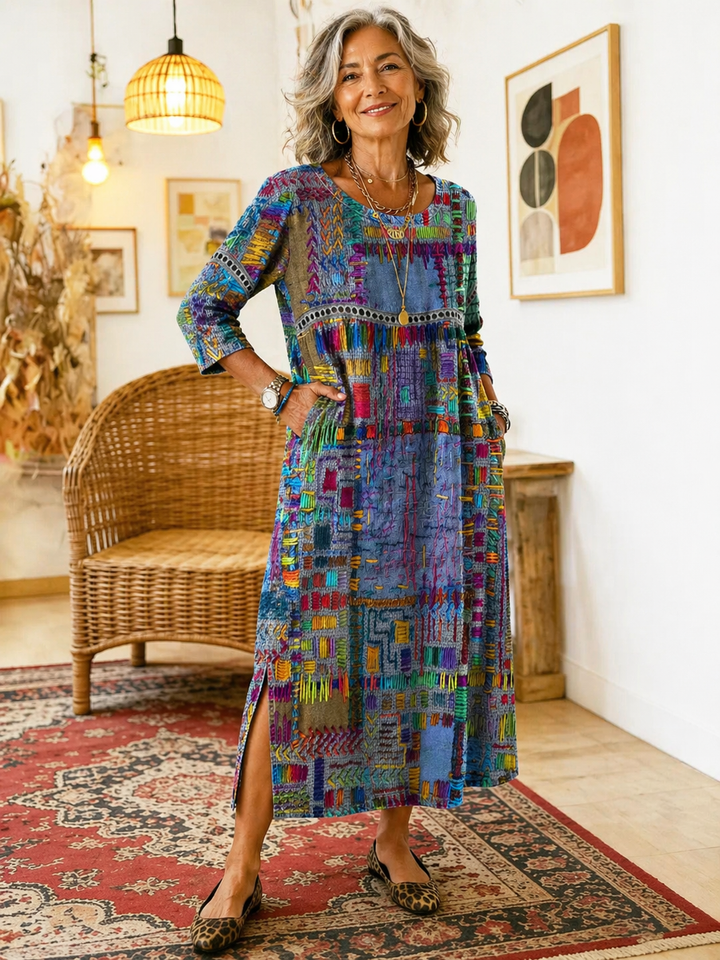 RENATA – Spalvinga džinsinė patchwork suknelė