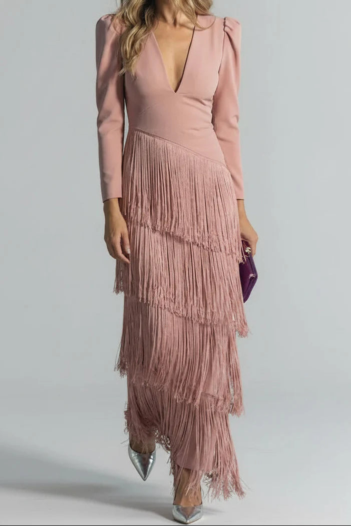 Clara | Rochie maxi elegantă cu detalii din franjuri