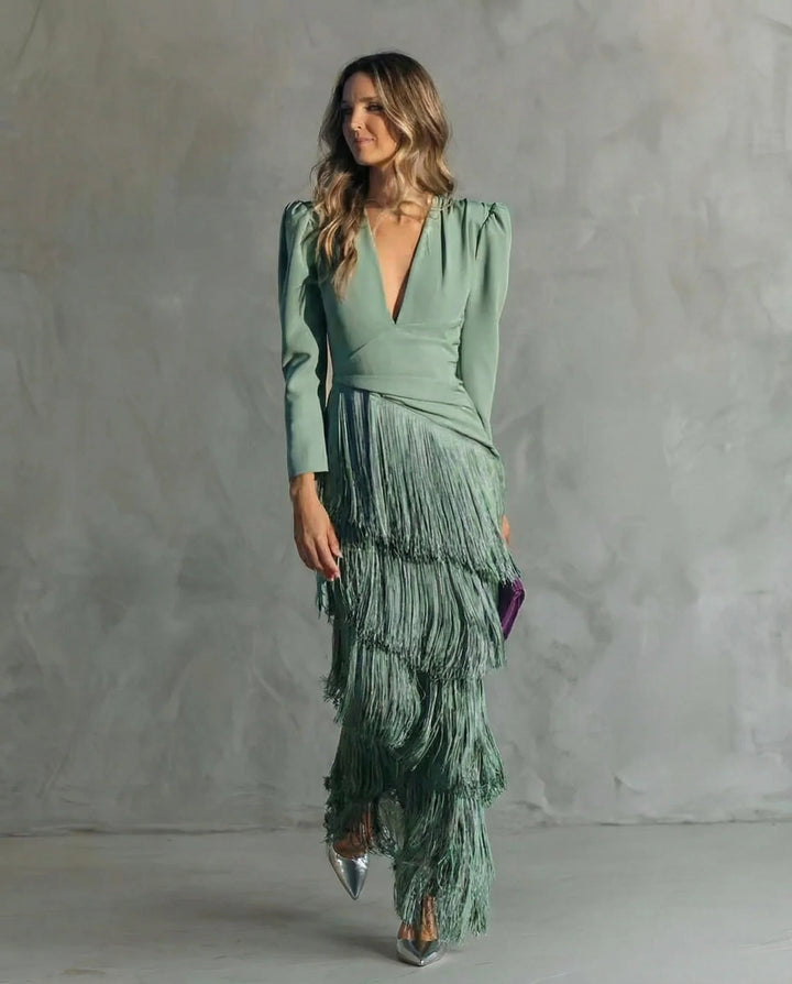 Clara | Rochie maxi elegantă cu detalii din franjuri