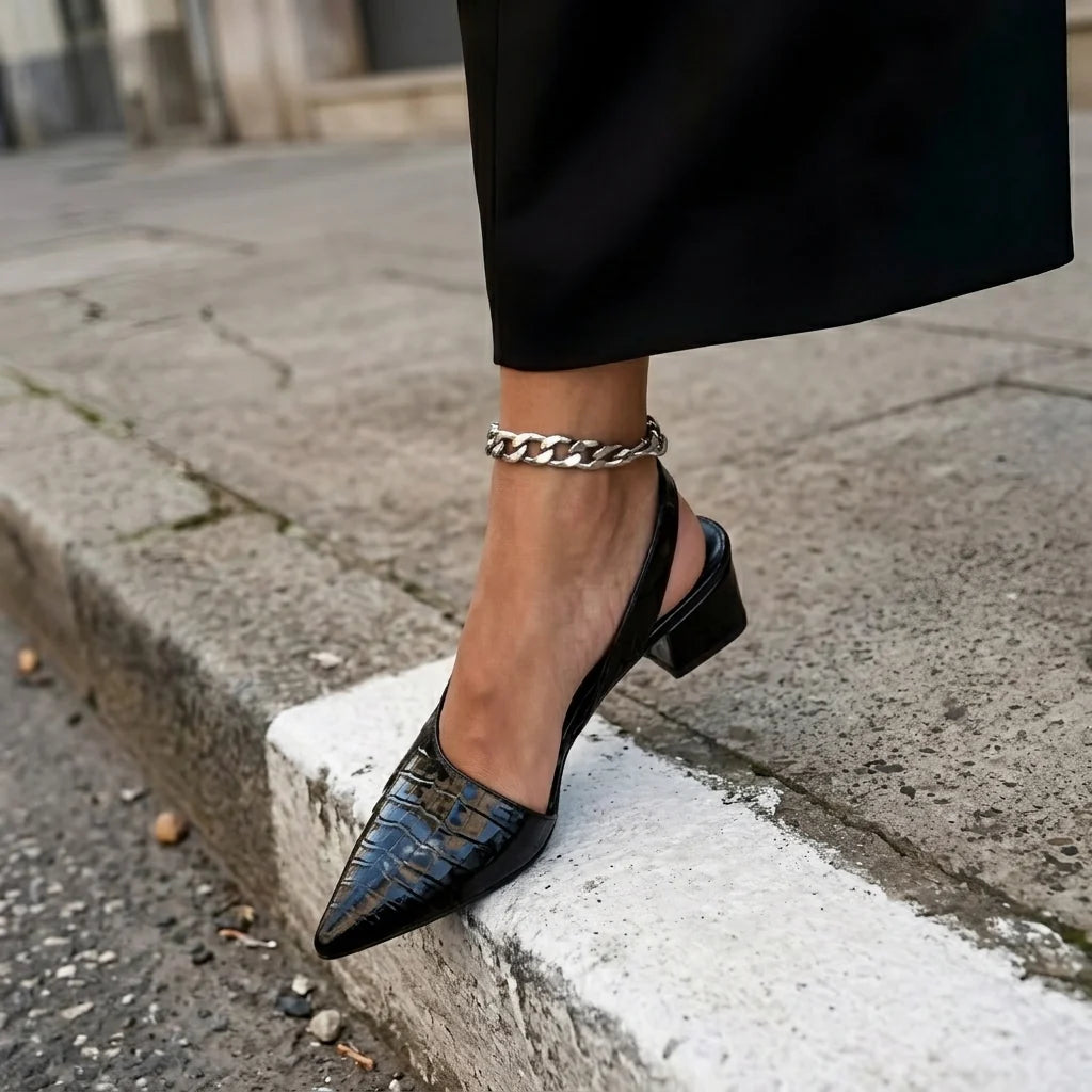 Lima | Pantofi Slingback cu Toc Bloc și Textură Croco