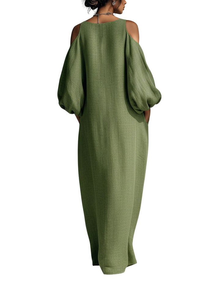Rochie Maxi Elegantă cu Umeri Decupați și Croială Fluidă