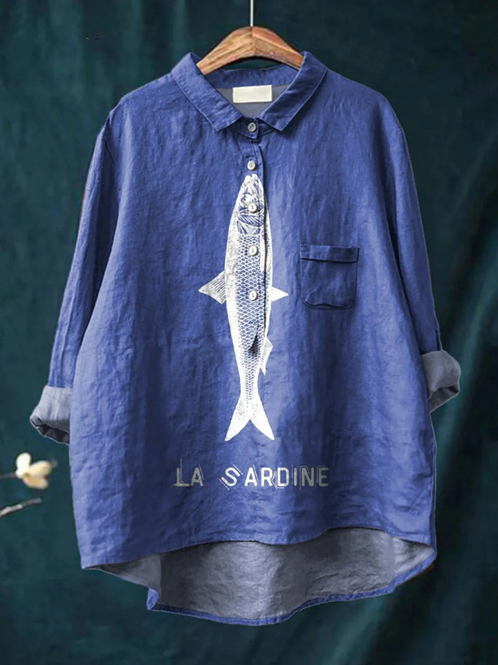 Marina | Bluză oversized din in cu imprimeu sardine