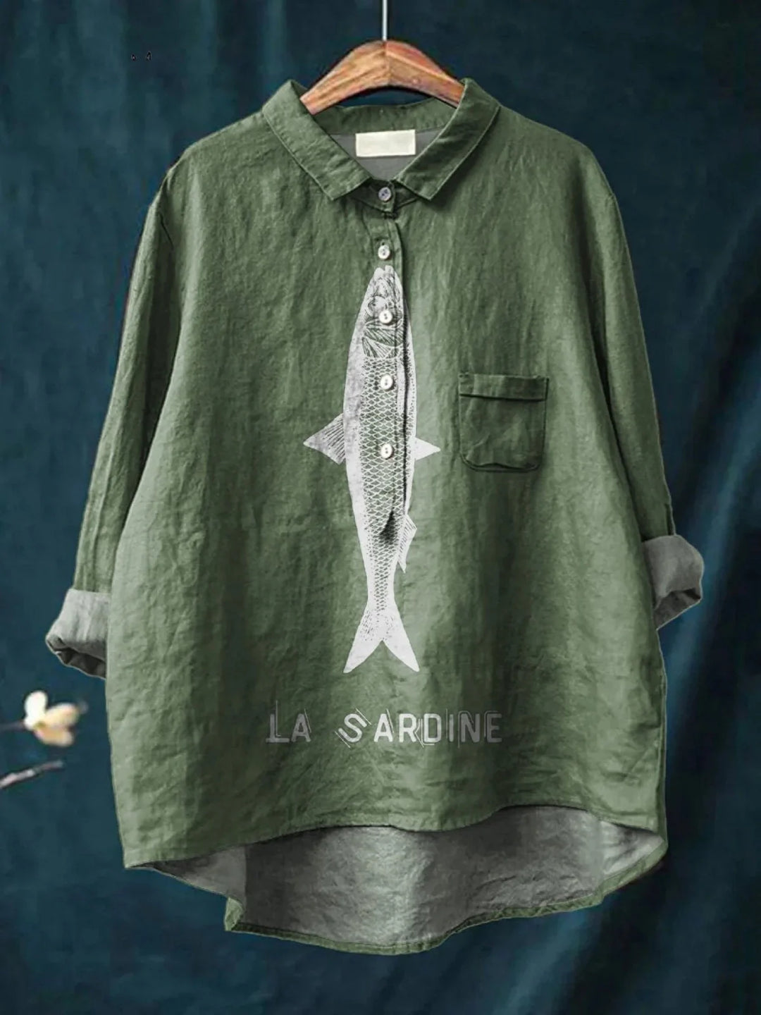 Marina | Bluză oversized din in cu imprimeu sardine