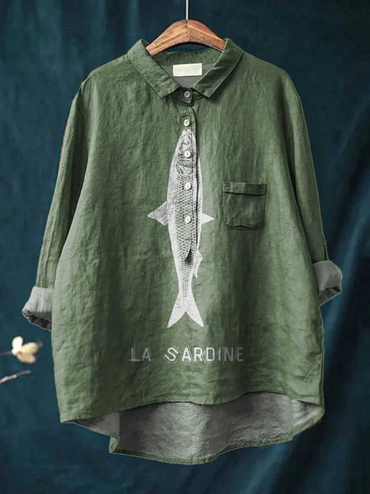 Marina | Bluză oversized din in cu imprimeu sardine
