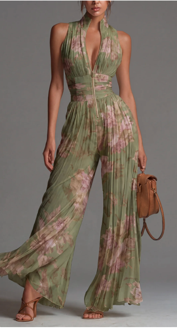 Vivienne | Salopetă elegantă plisată cu imprimeu floral