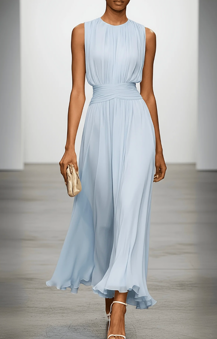 Kezia | Rochie Maxi din Chiffon Plisată cu Talie Drapată