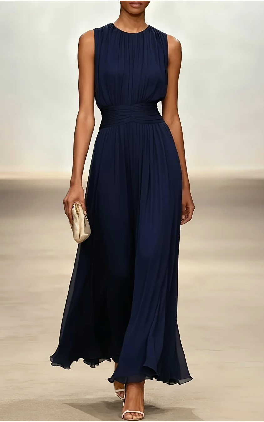 Kezia | Rochie Maxi din Chiffon Plisată cu Talie Drapată