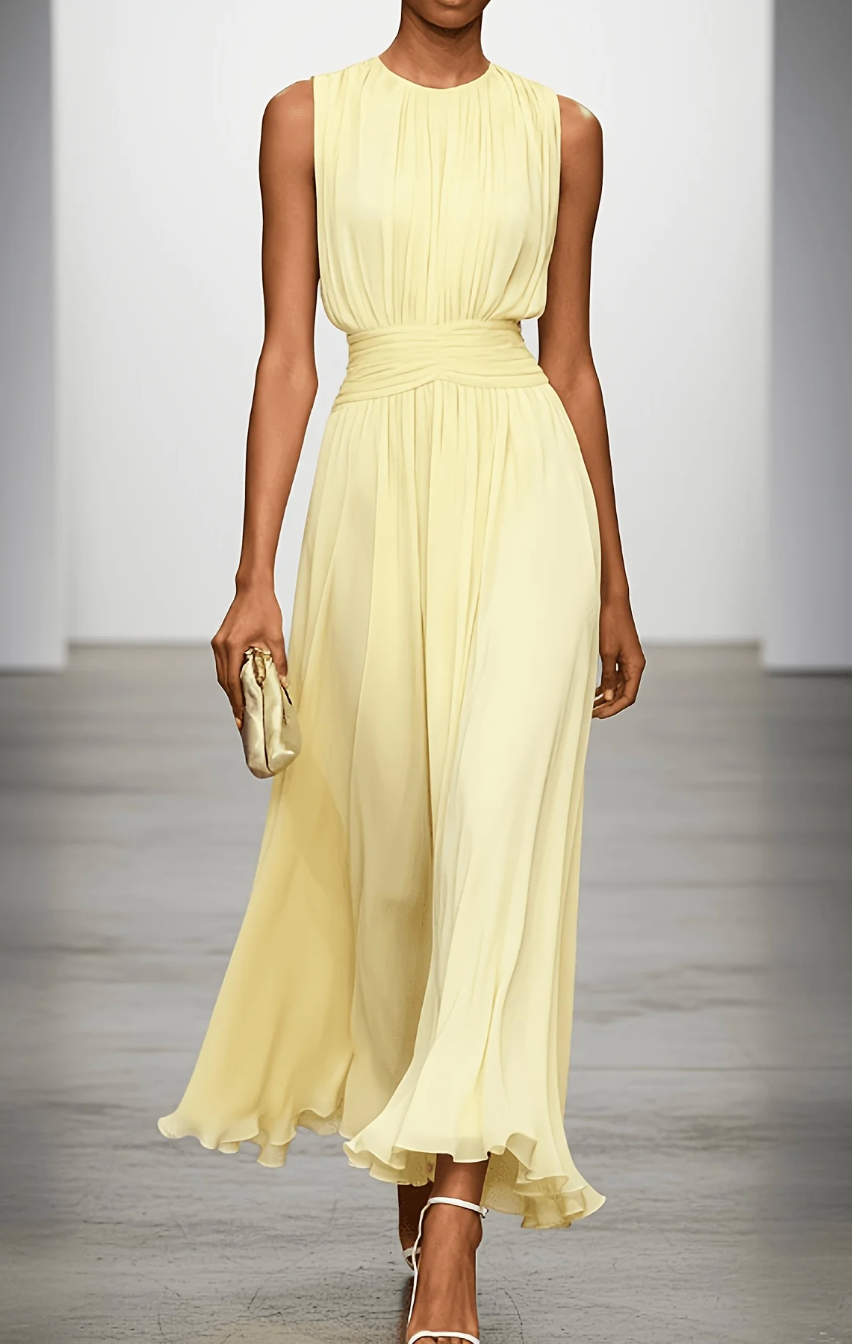 Kezia | Rochie Maxi din Chiffon Plisată cu Talie Drapată