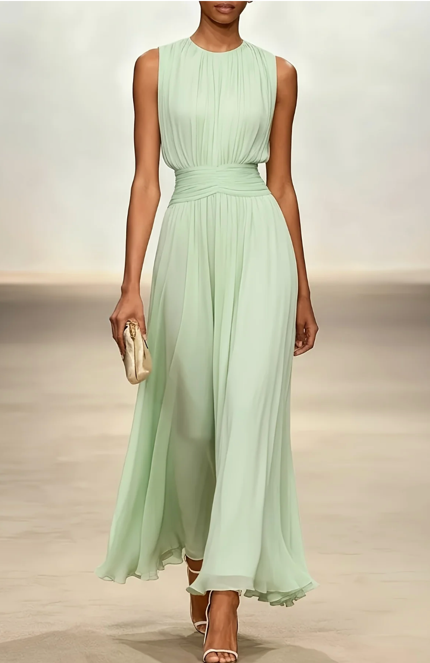 Kezia | Rochie Maxi din Chiffon Plisată cu Talie Drapată