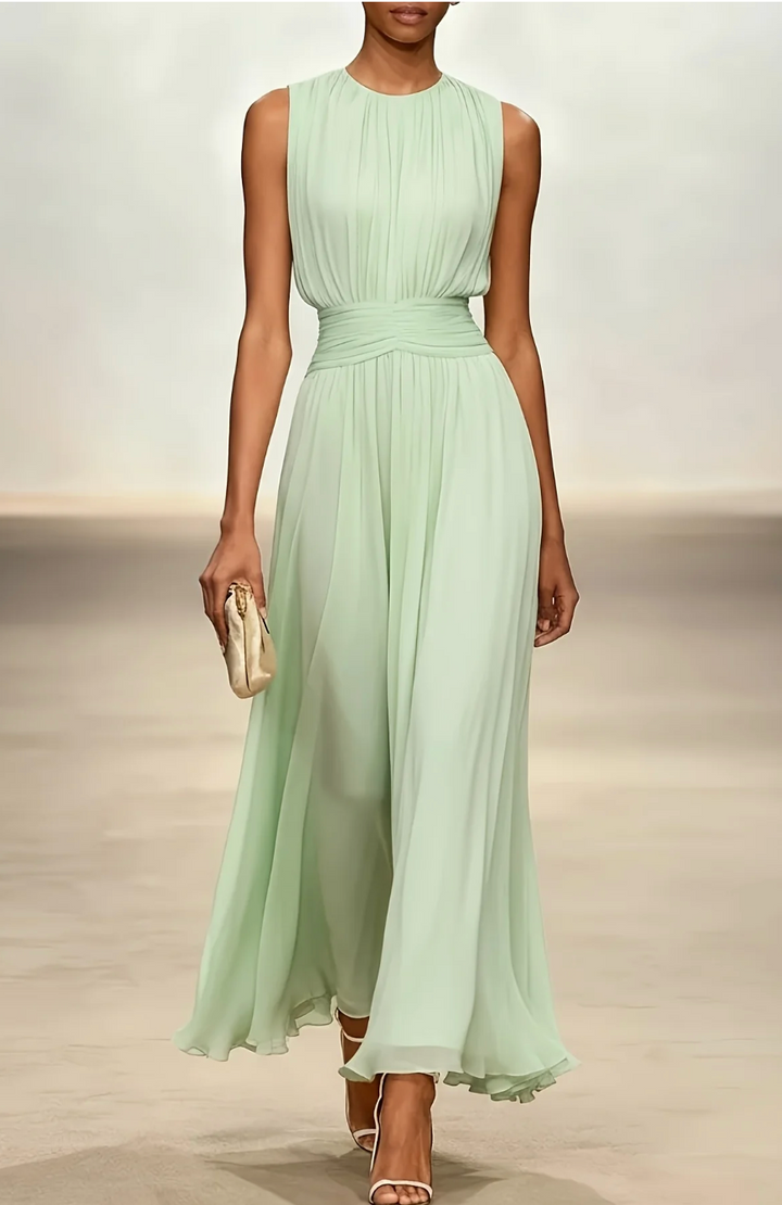 Kezia | Rochie Maxi din Chiffon Plisată cu Talie Drapată