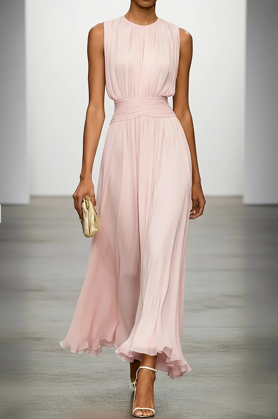 Kezia | Rochie Maxi din Chiffon Plisată cu Talie Drapată
