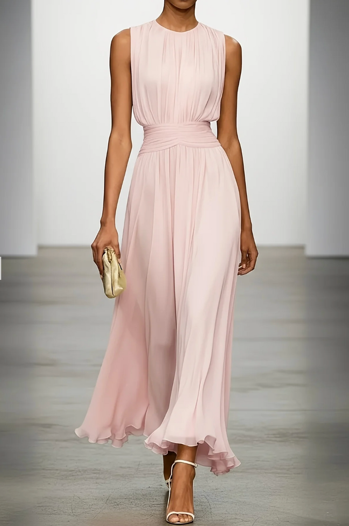 Kezia | Rochie Maxi din Chiffon Plisată cu Talie Drapată