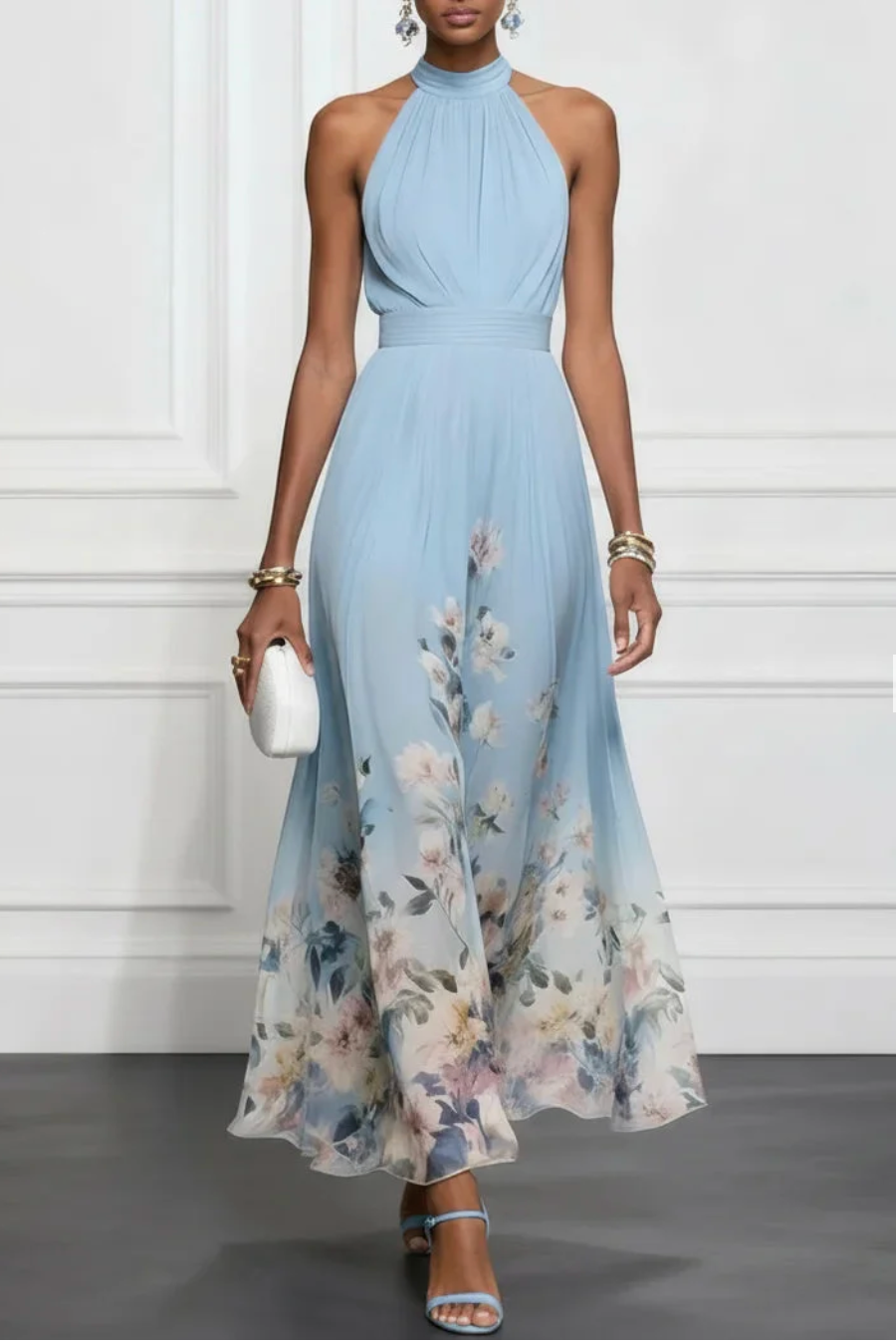 Kira | Rochie Maxi din Chiffon cu Gât Halter și Bordură Florală