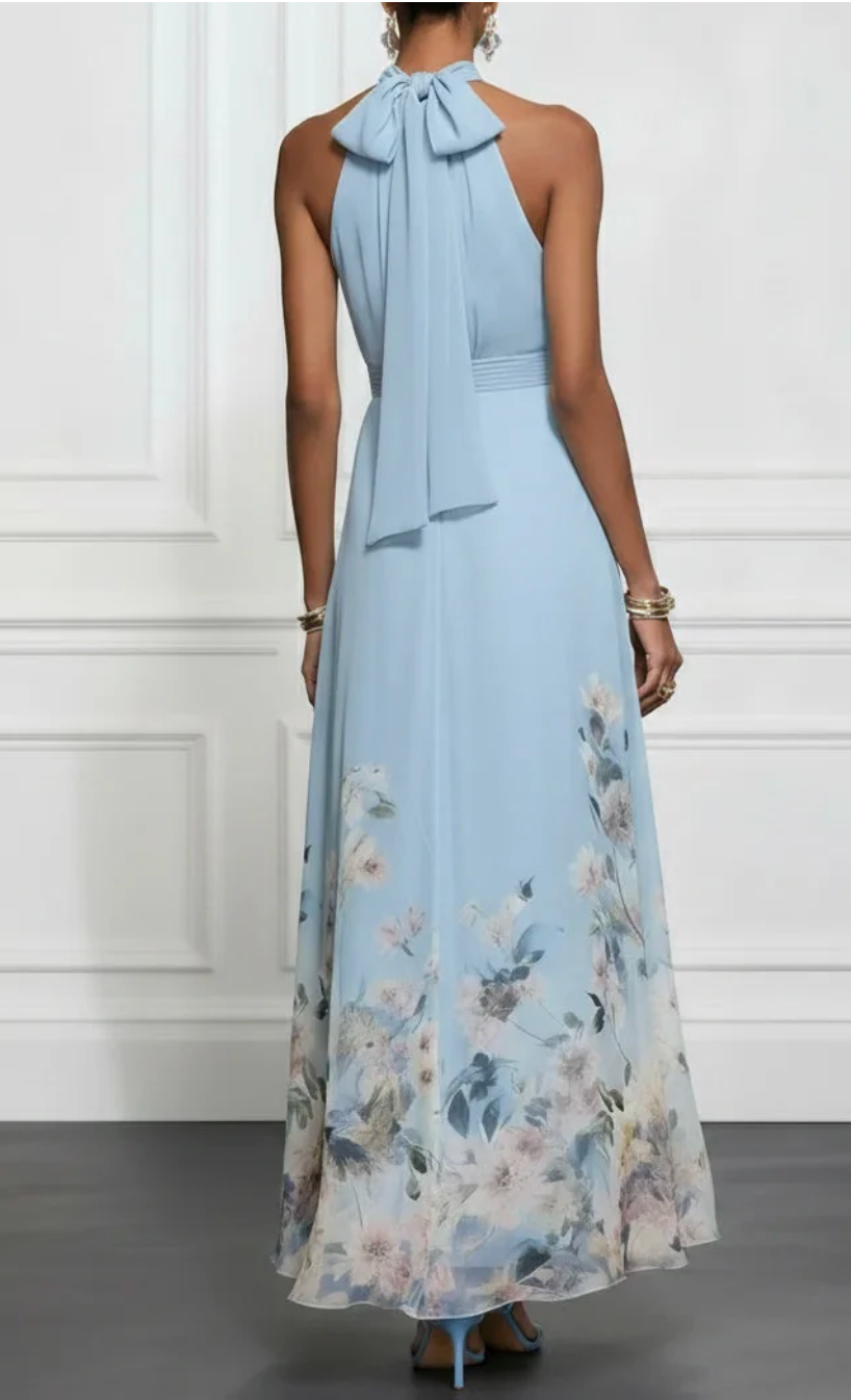 Kira | Rochie Maxi din Chiffon cu Gât Halter și Bordură Florală