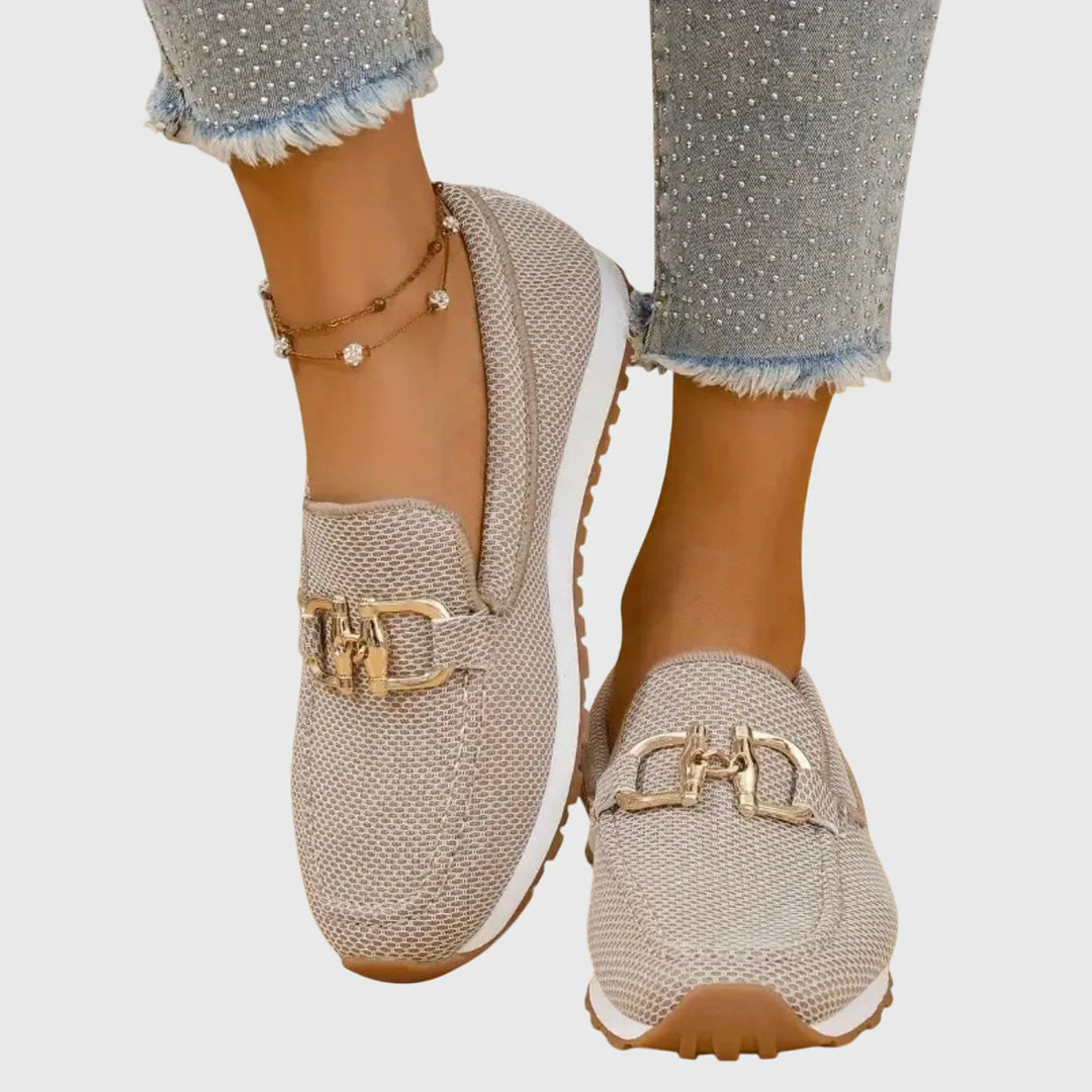 Sussie | Sneakers Loafer din Tricot cu Detaliu Horsebit Auriu