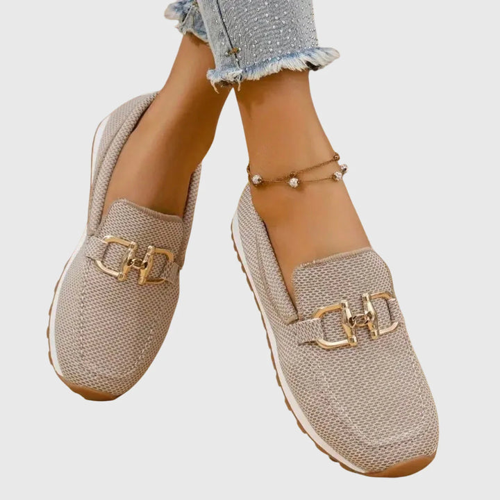Sussie | Sneakers Loafer din Tricot cu Detaliu Horsebit Auriu