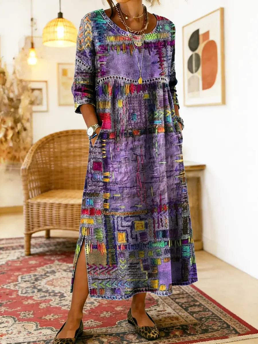 RENATA – Spalvinga džinsinė patchwork suknelė