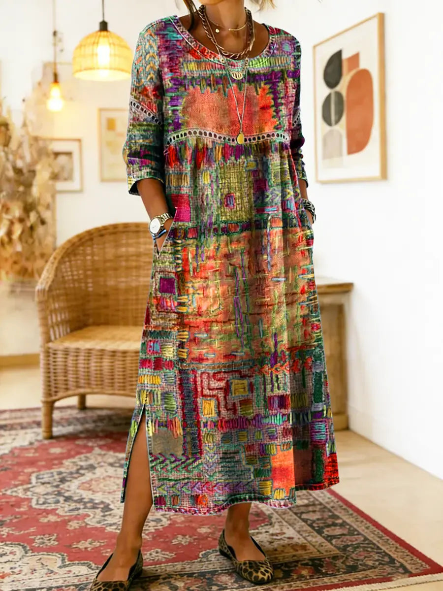 RENATA – Spalvinga džinsinė patchwork suknelė