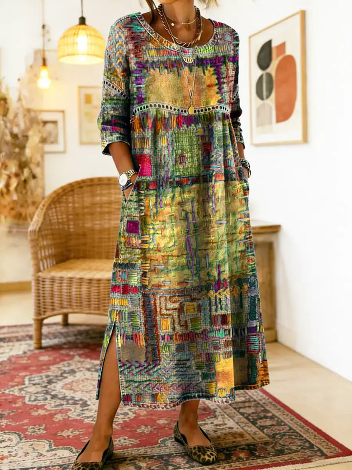 RENATA – Spalvinga džinsinė patchwork suknelė