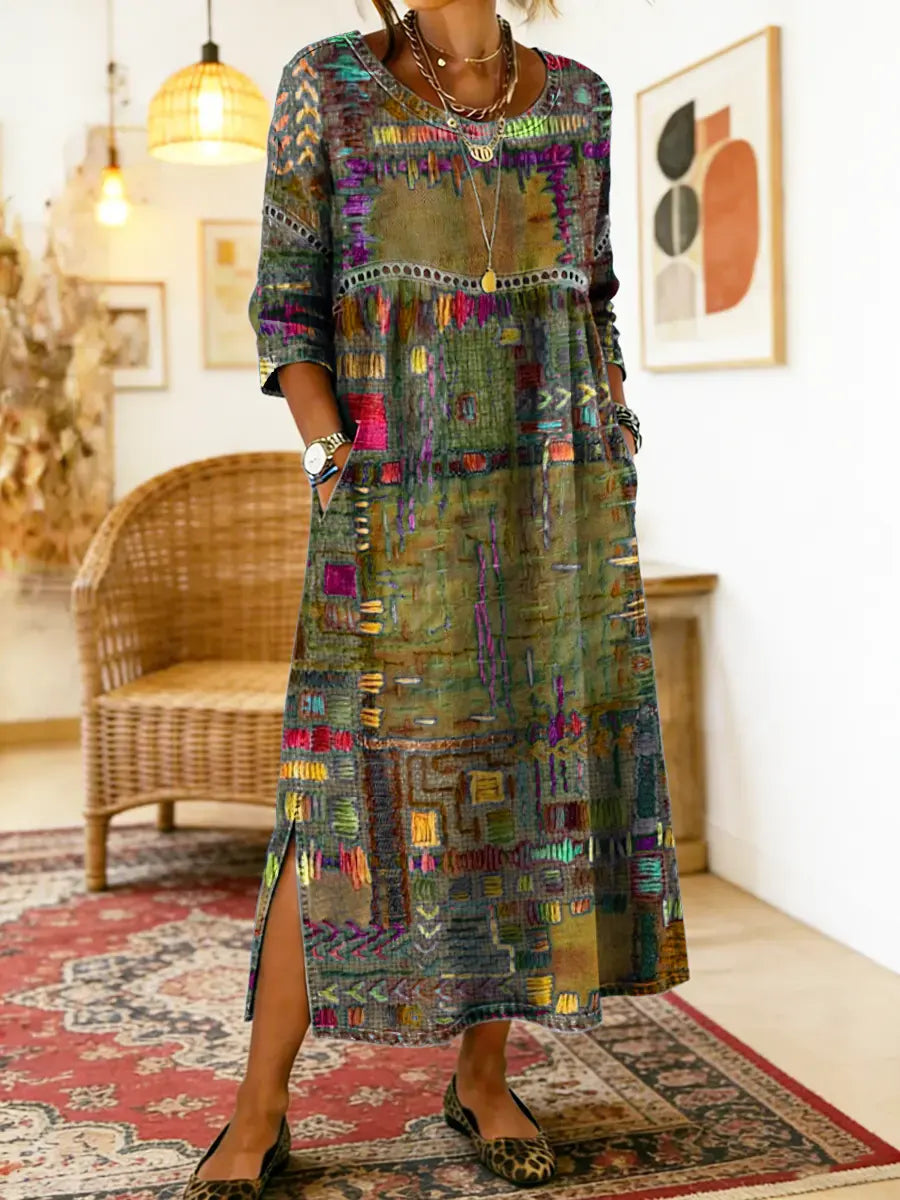 RENATA – Spalvinga džinsinė patchwork suknelė