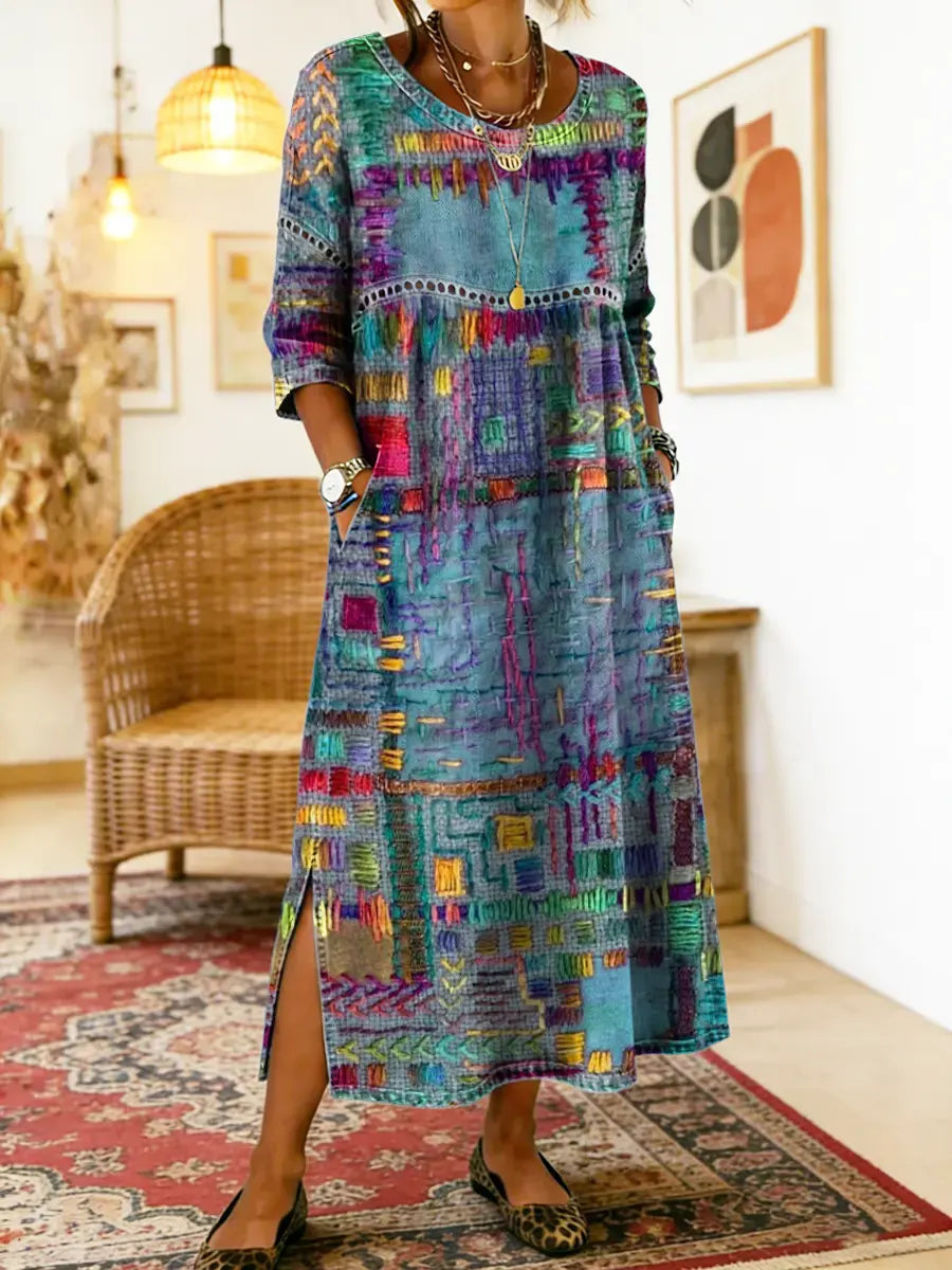 RENATA – Spalvinga džinsinė patchwork suknelė