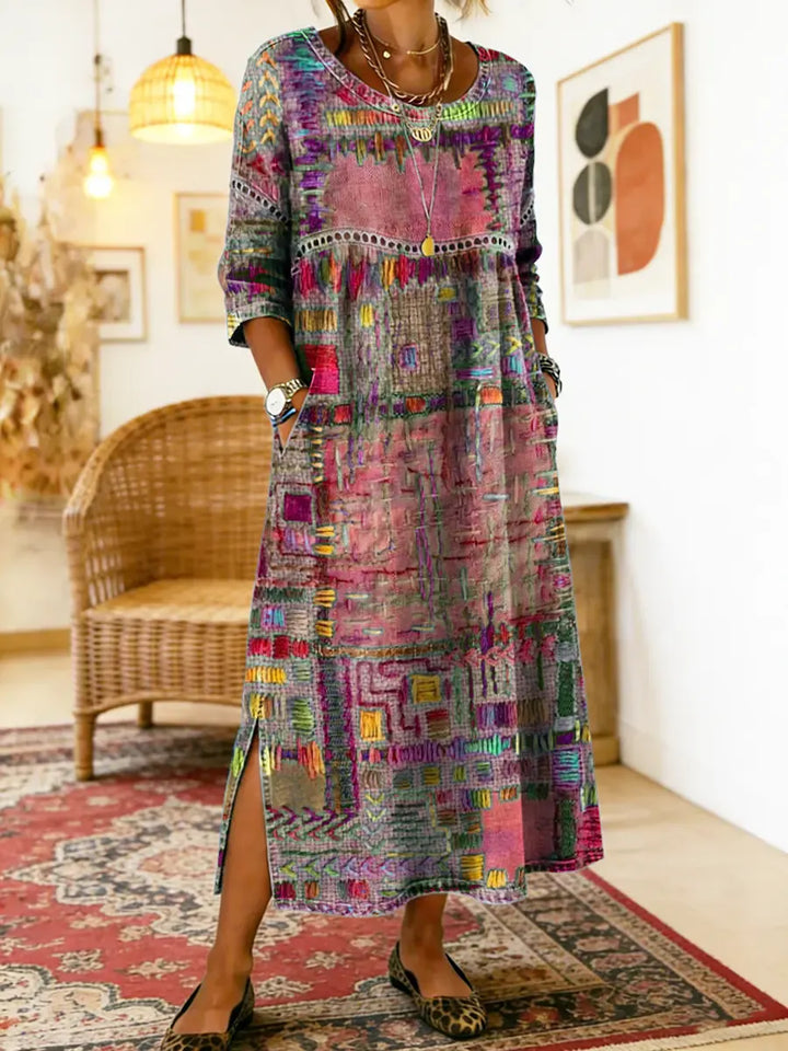 RENATA – Spalvinga džinsinė patchwork suknelė