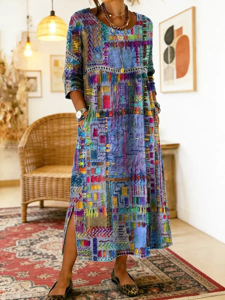 RENATA – Spalvinga džinsinė patchwork suknelė