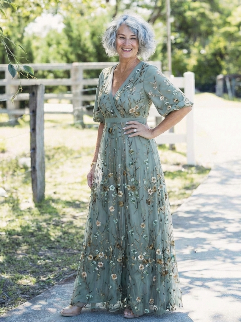 ALDONA – Gėlėta maxi suknelė su tinkleliu